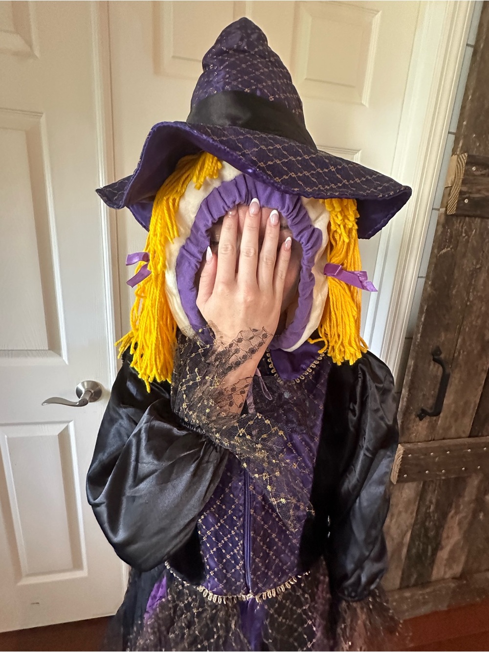 Vintage Halloween costume Kids Purple Witch attached hood hat hair kids large